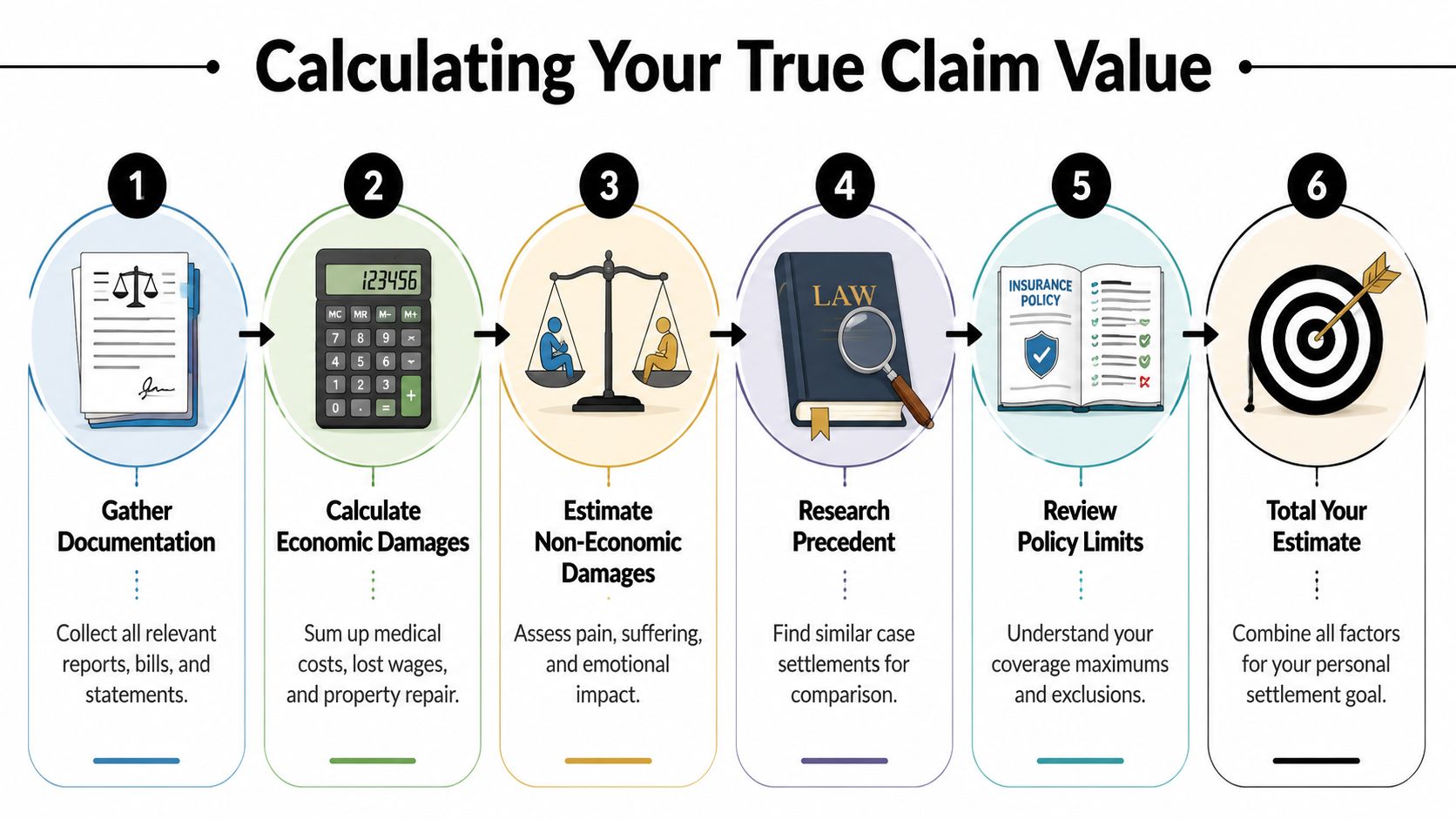 An infographic showing the six steps to calculate the true value of an accident insurance claim.