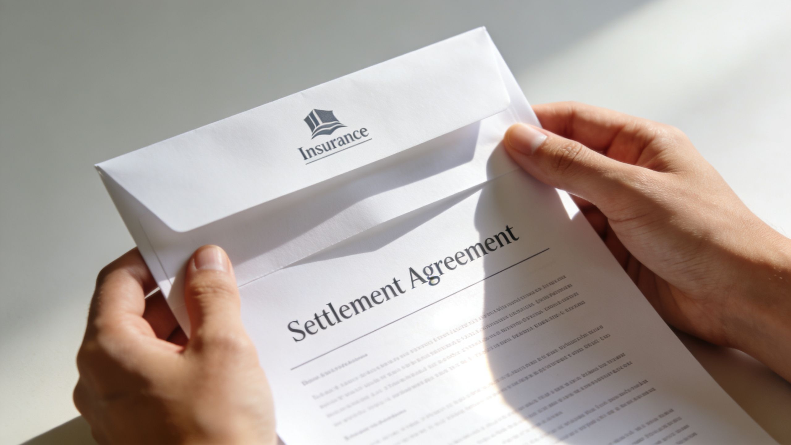 A person holding an insurance envelope and a legal settlement agreement document in their hands.