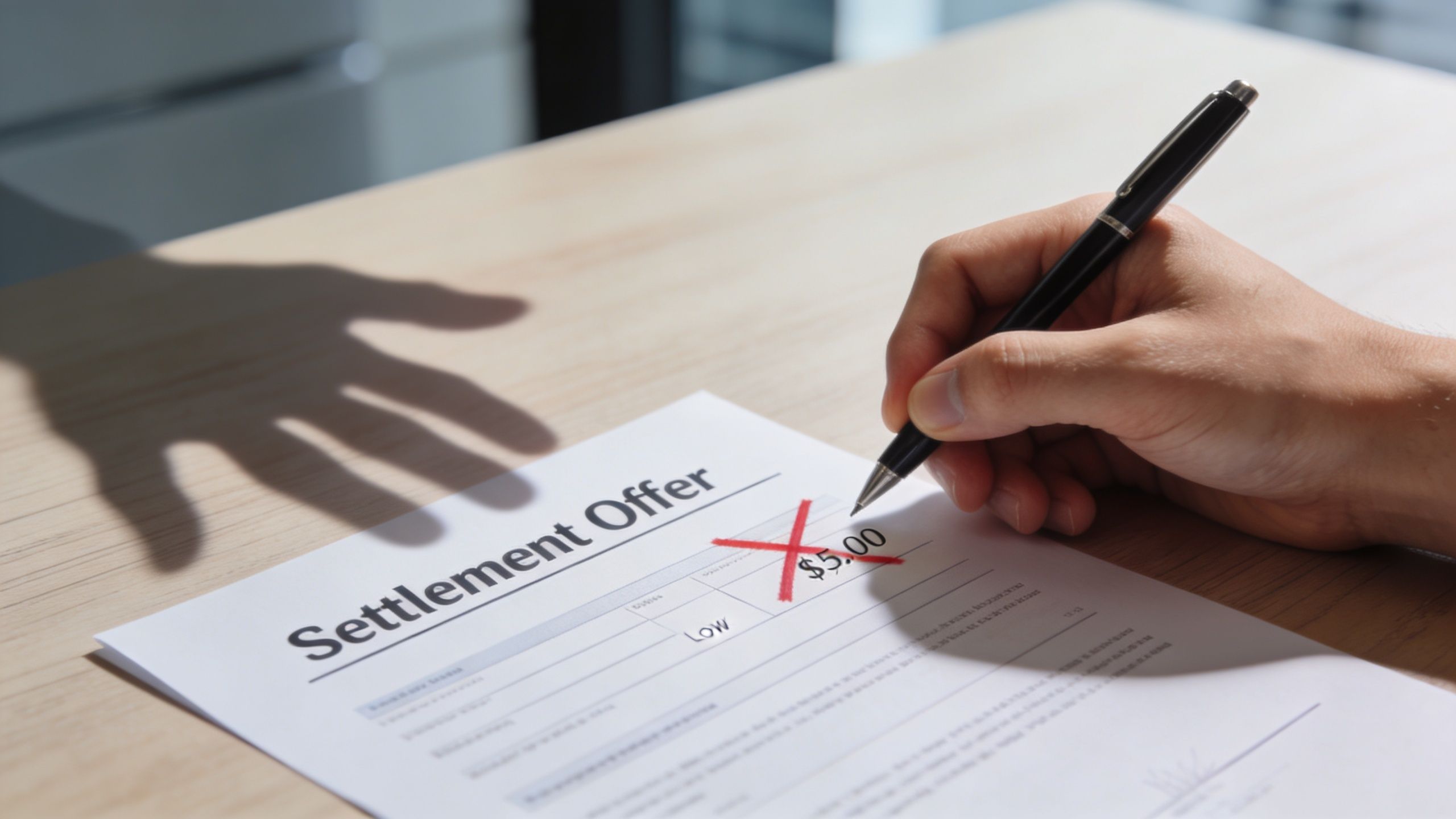 A hand holding a pen crosses out a five dollar settlement offer on a document on desk.