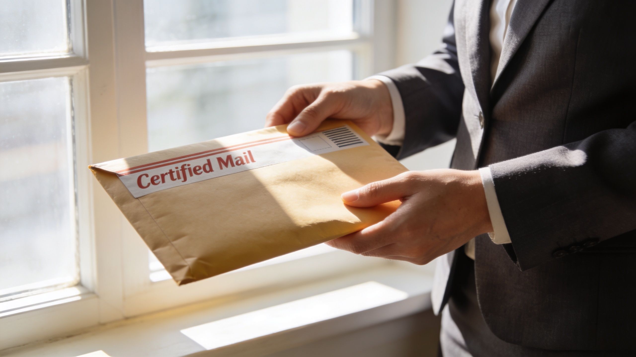 A professional in a business suit holding a sealed certified mail envelope near a window.