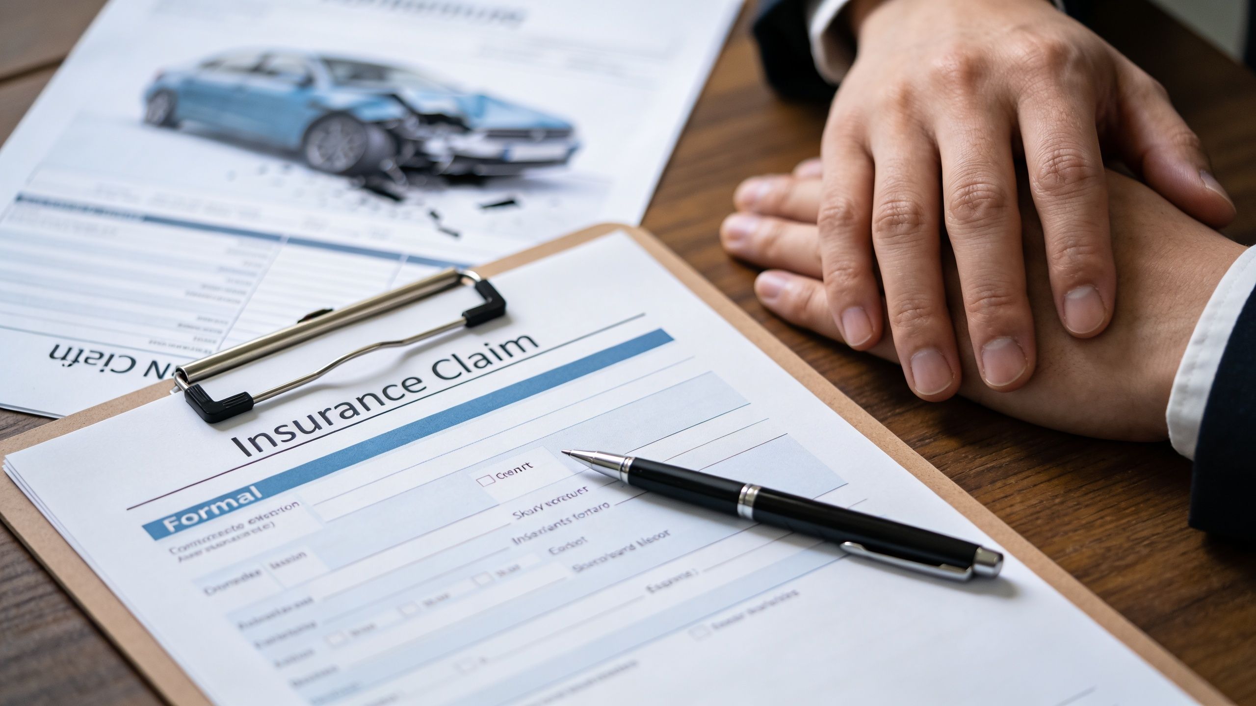 A professional insurance agent sits at a desk with an accident claim form and a pen.