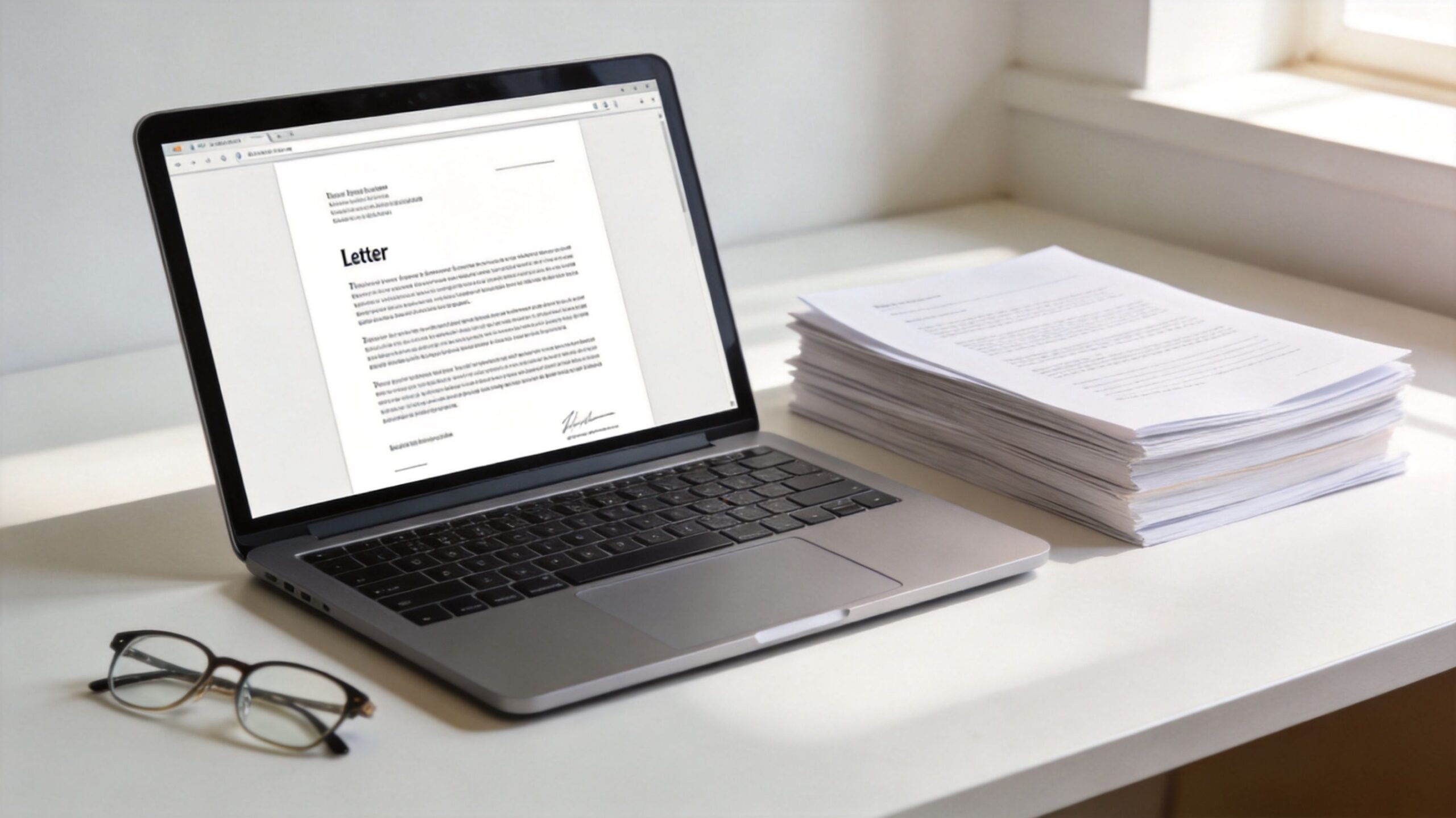 A modern laptop displaying an accident settlement letter on a desk next to a stack of papers.