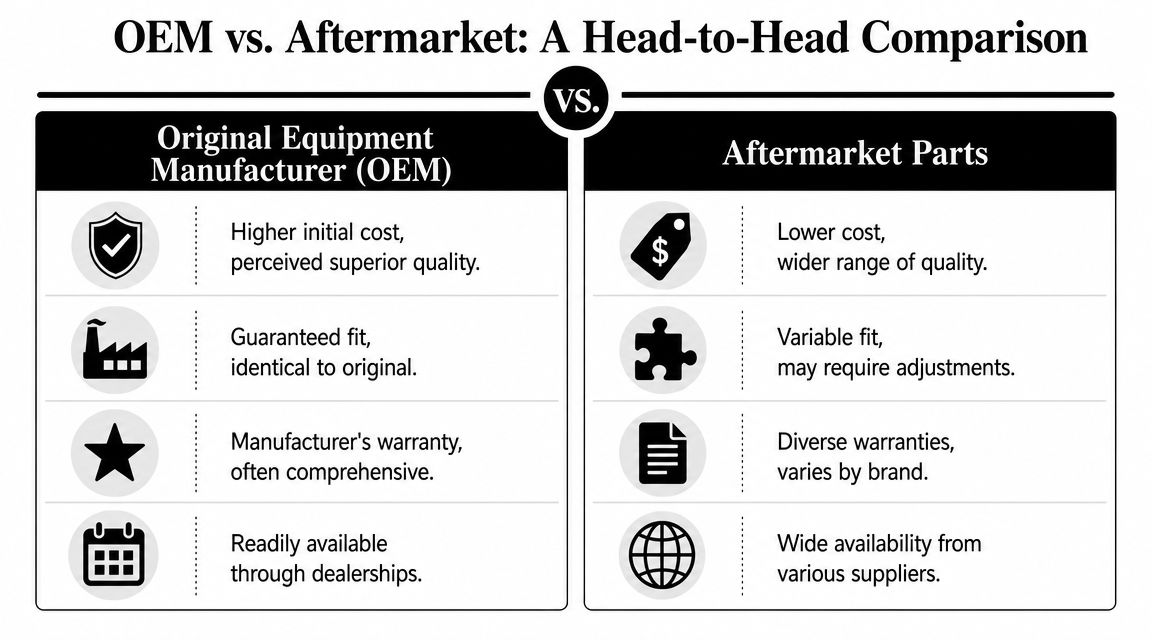 A comparison chart outlining the pros and cons of Original Equipment Manufacturer versus Aftermarket auto parts.