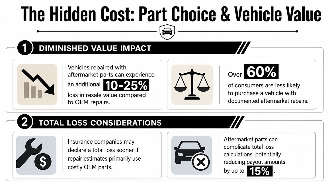 An infographic showing how aftermarket parts reduce vehicle value and influence total loss insurance decisions.