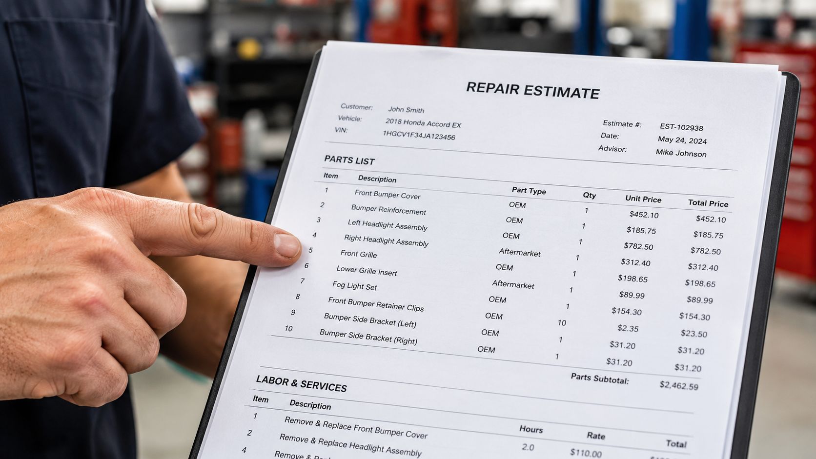 A repair estimate document for a 2018 Honda Accord listing various OEM and aftermarket automotive parts.