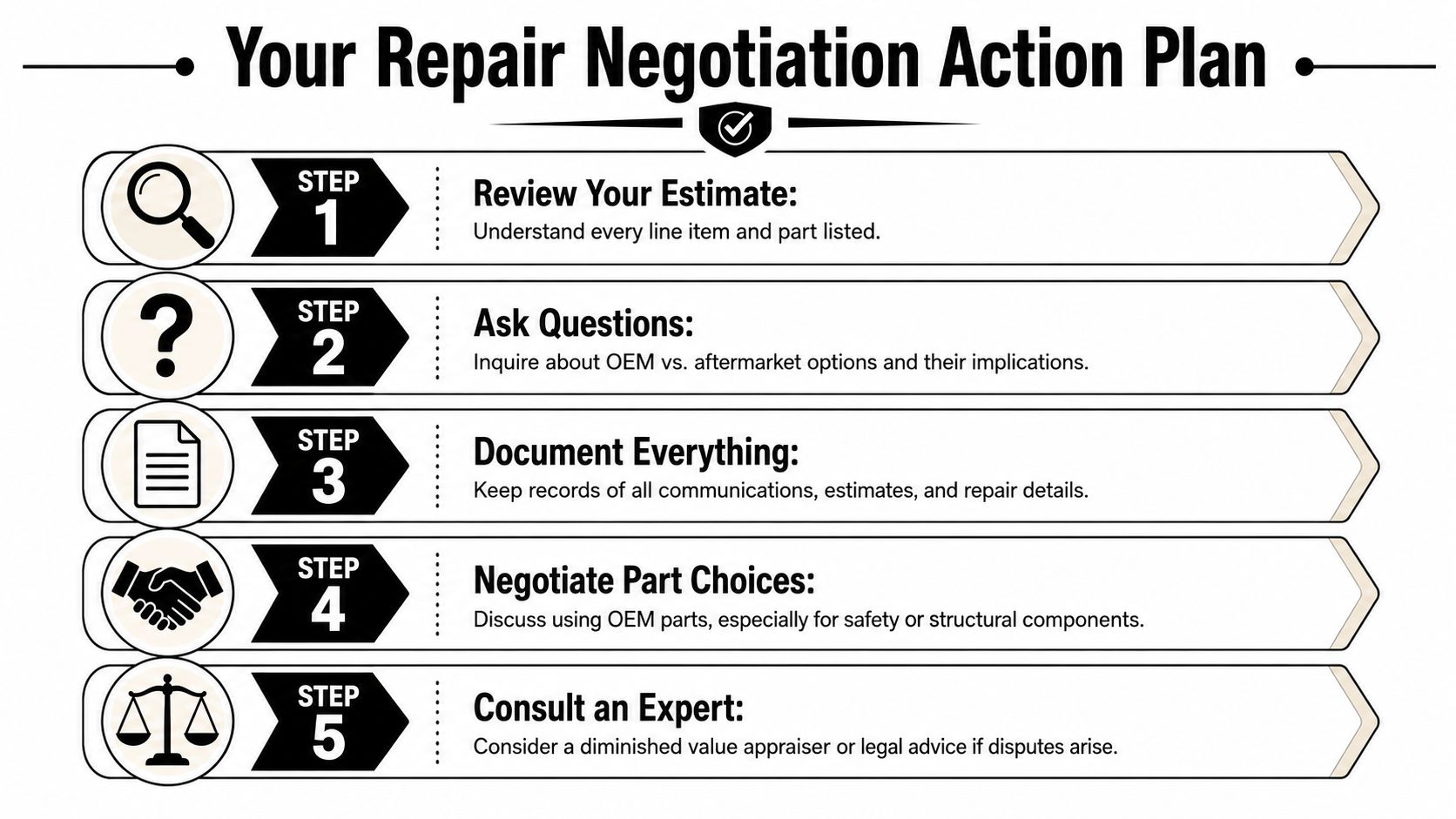 A five-step action plan infographic detailing how to negotiate car repair estimates using OEM and aftermarket parts.