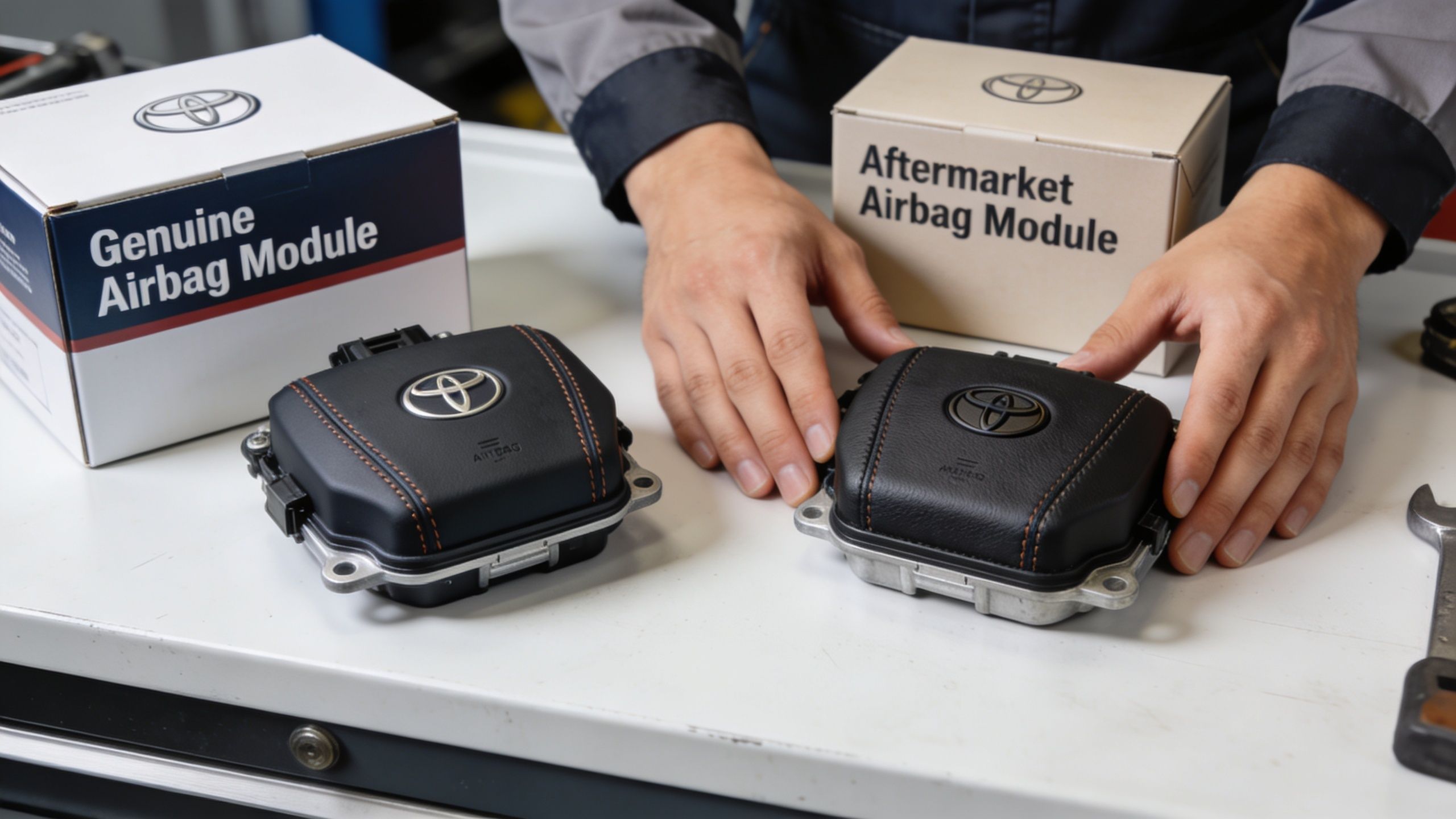 A technician compares a genuine Toyota airbag module to an aftermarket replacement unit on a workshop table.