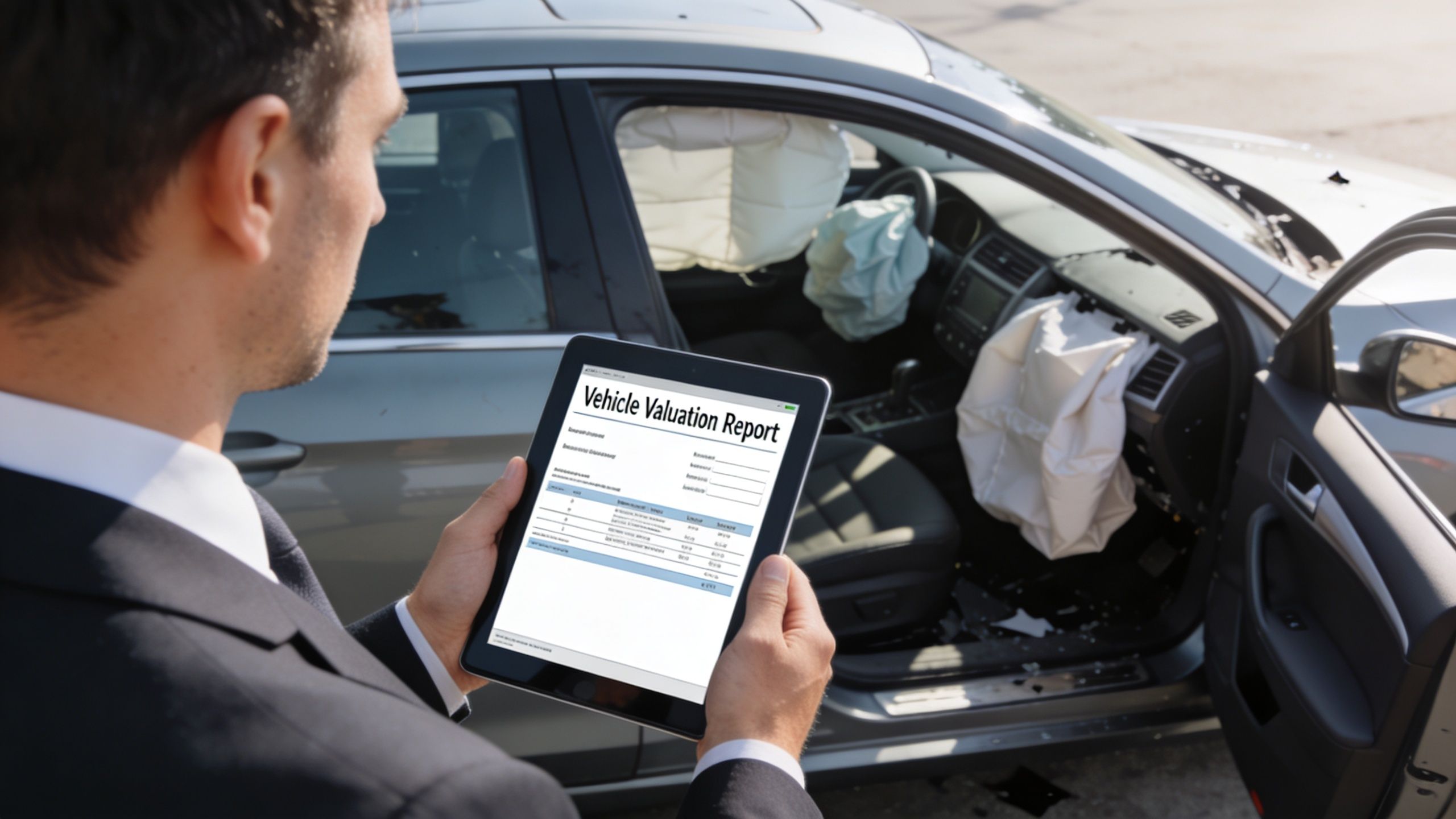 A professional insurance adjuster holds a tablet showing a vehicle valuation report in front of a crashed car.