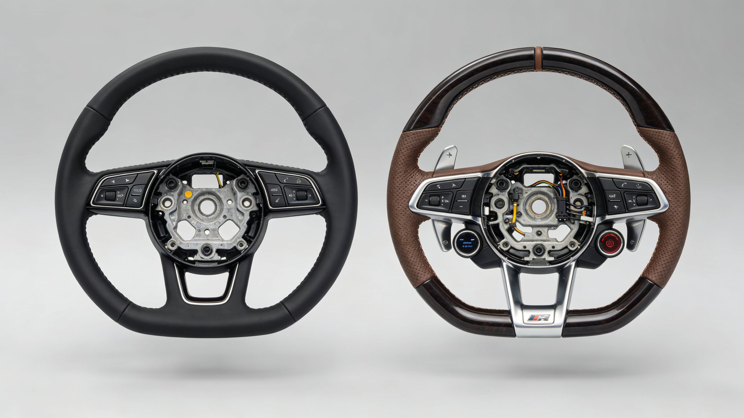 A side-by-side comparison of two modern car steering wheels isolated on a plain grey studio background.