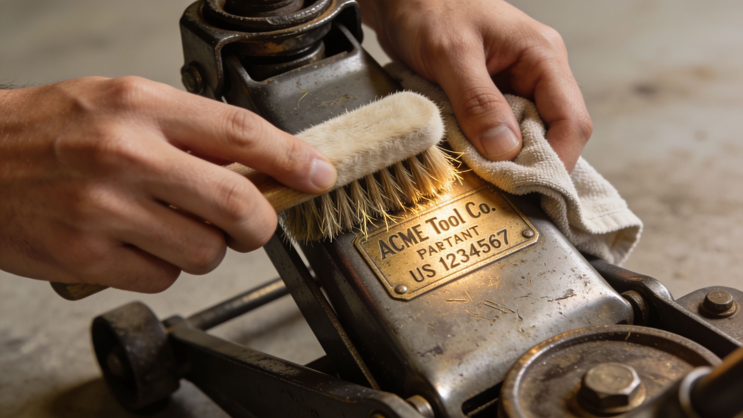 A pair of hands cleaning an old metal ACME Tool Co. car jack with a scrubbing brush.