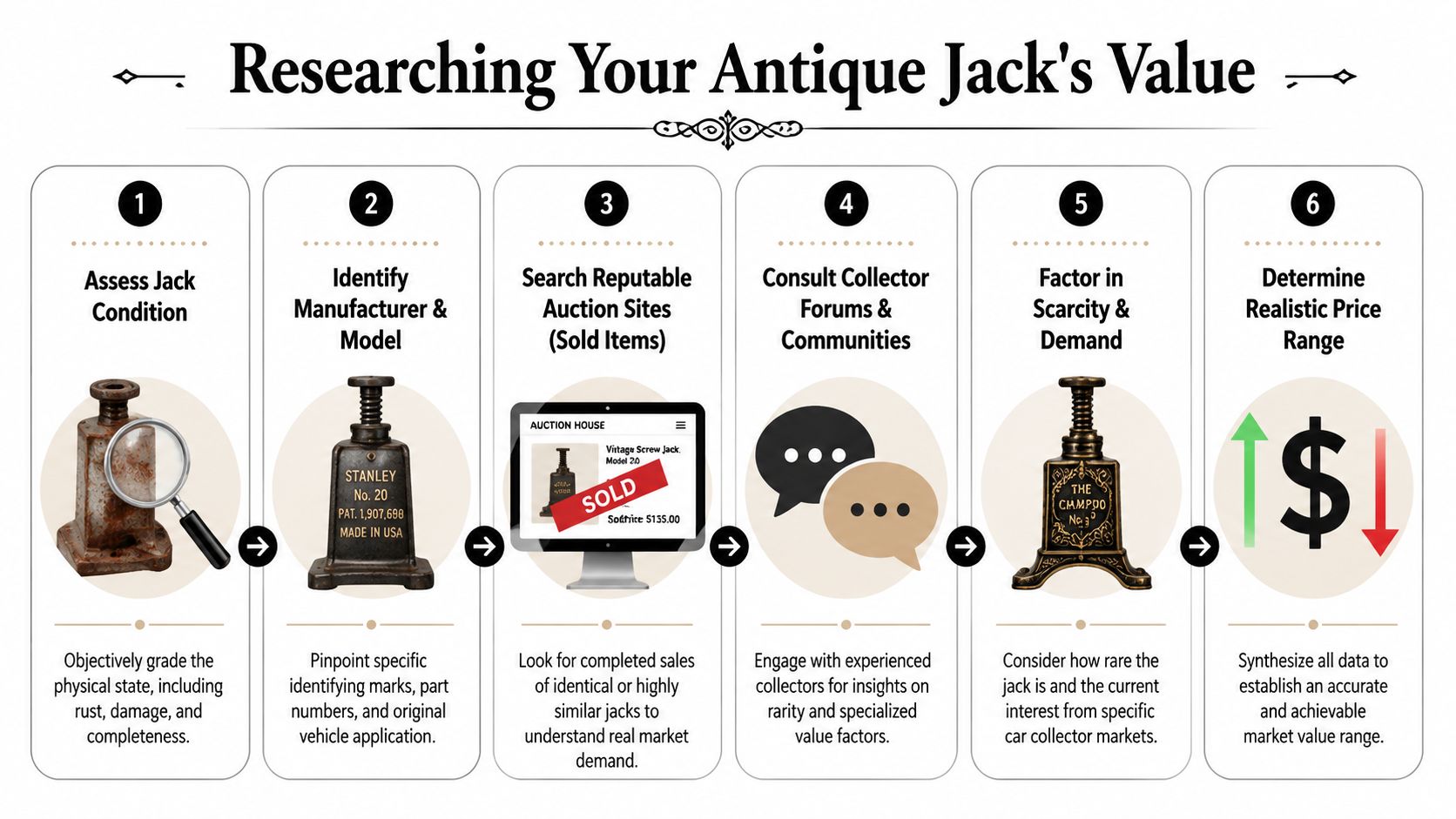 A six-step infographic guide detailing how to research and determine the monetary value of an antique jack.