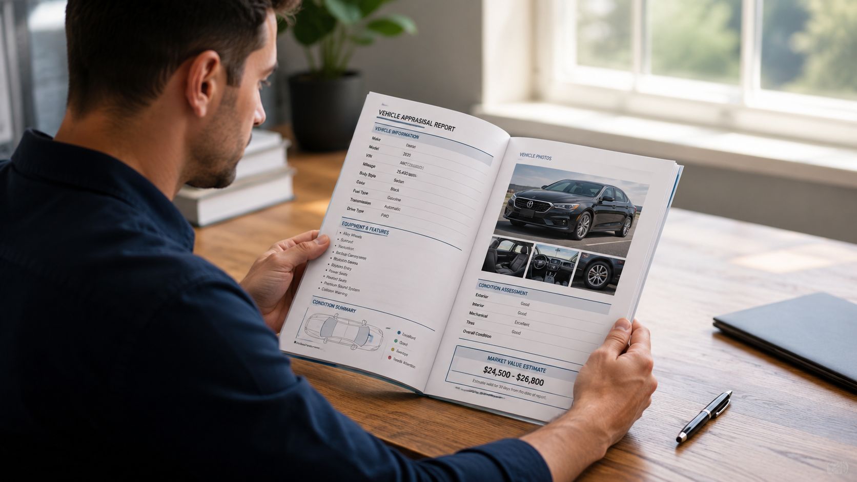A man in a dark blue shirt examining a printed vehicle appraisal report document at a wooden desk.