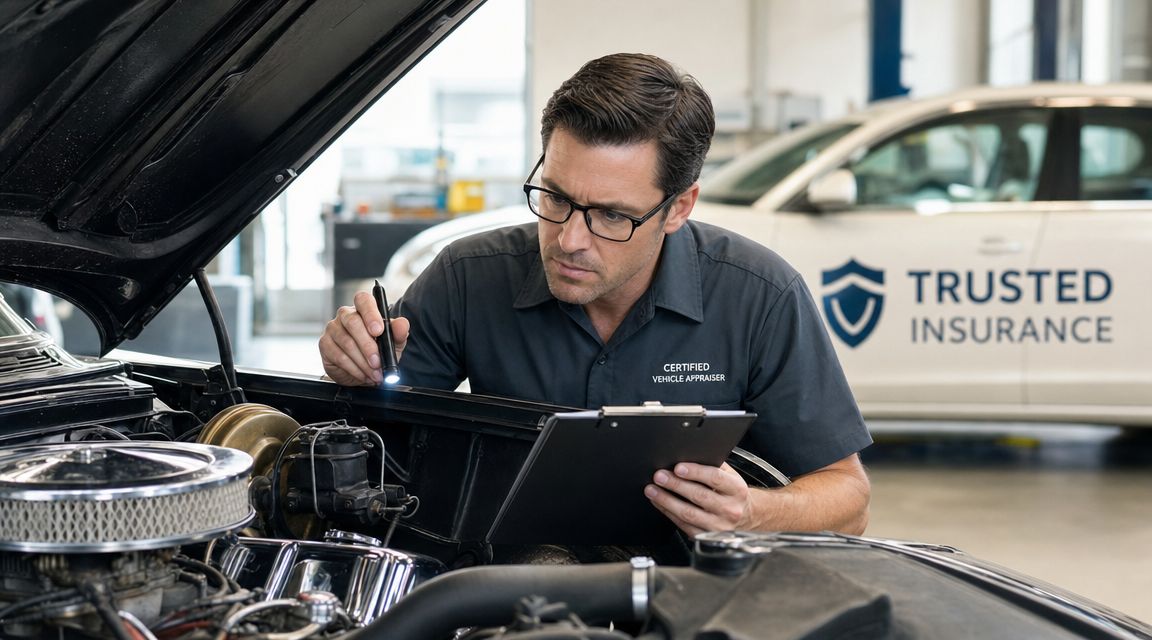 A professional certified vehicle appraiser inspecting a classic car engine with a flashlight and clipboard.