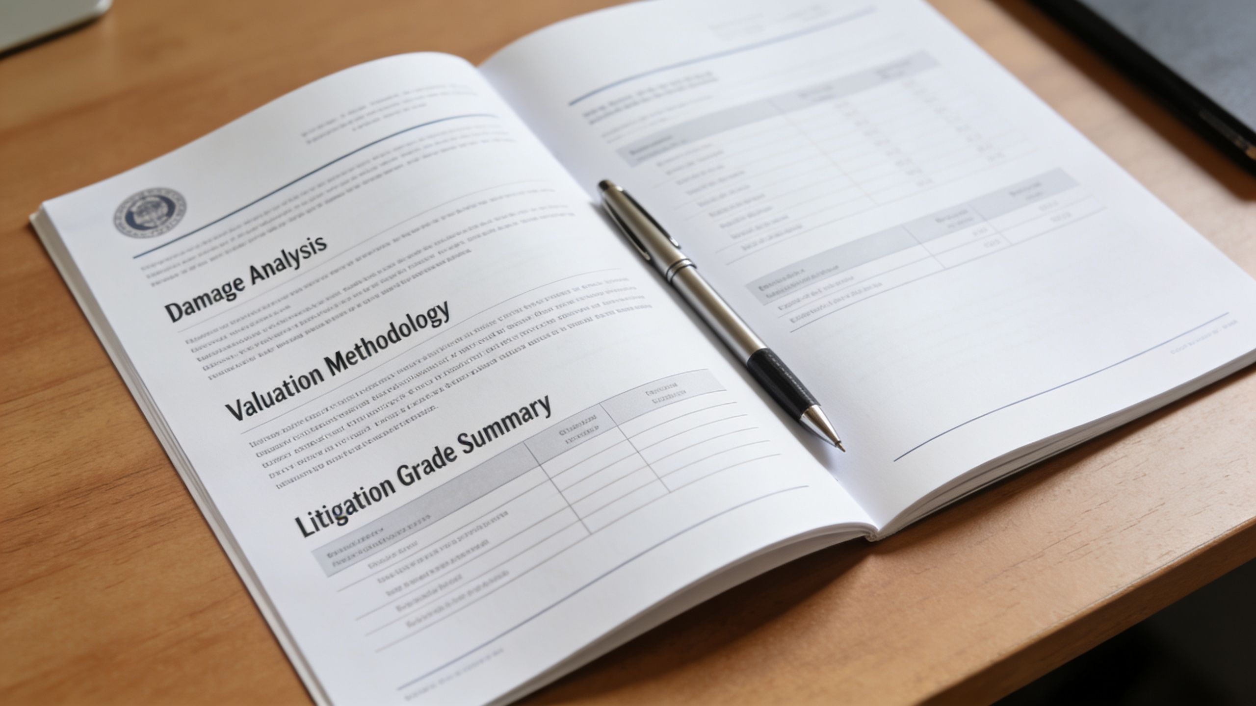 An open notebook with Damage Analysis and Valuation Methodology sections and a silver pen on a desk.
