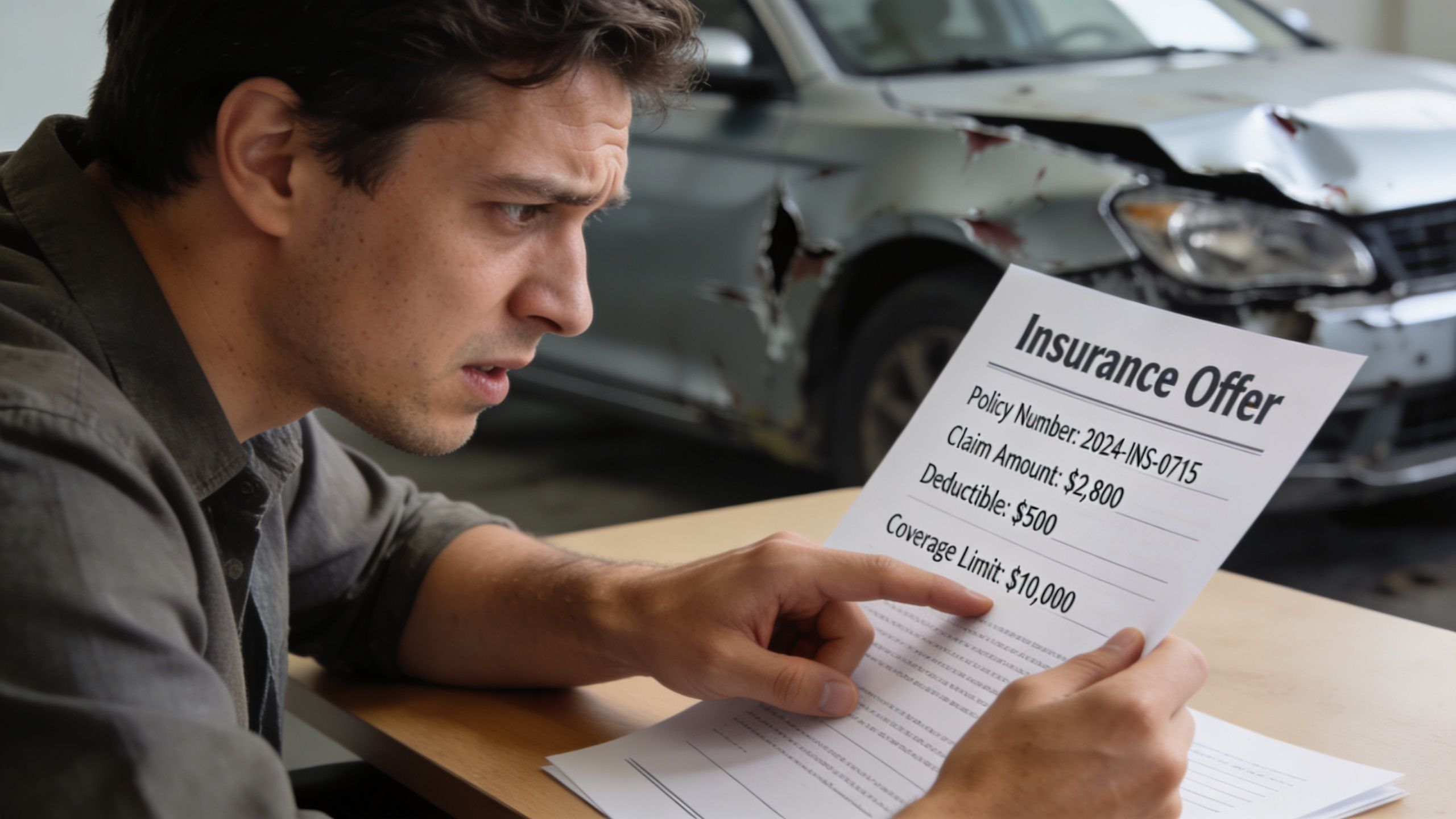 A concerned man examines an insurance offer document while sitting in front of a damaged car.