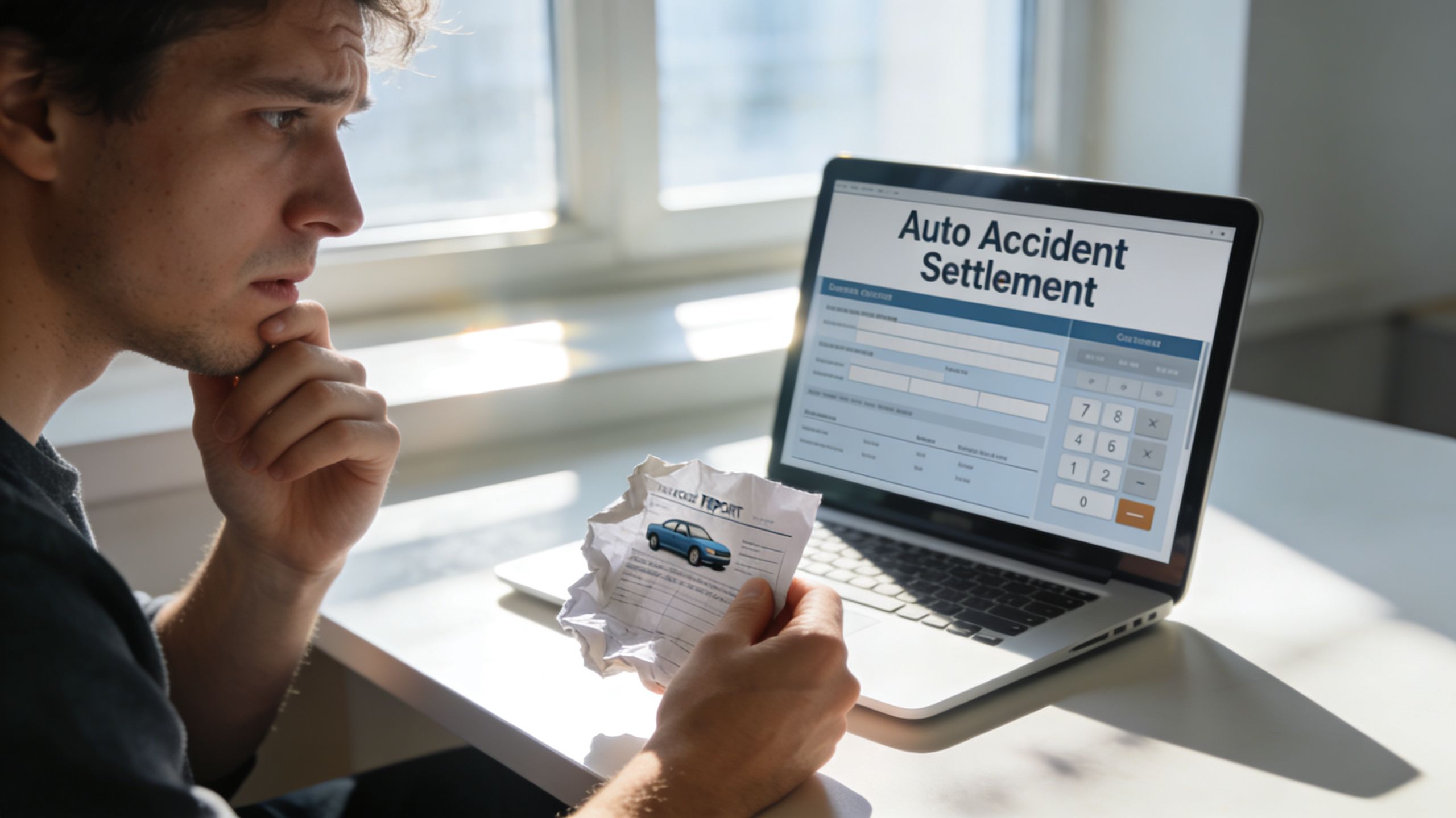 A concerned young man reviews an auto accident settlement document while using a laptop computer screen.