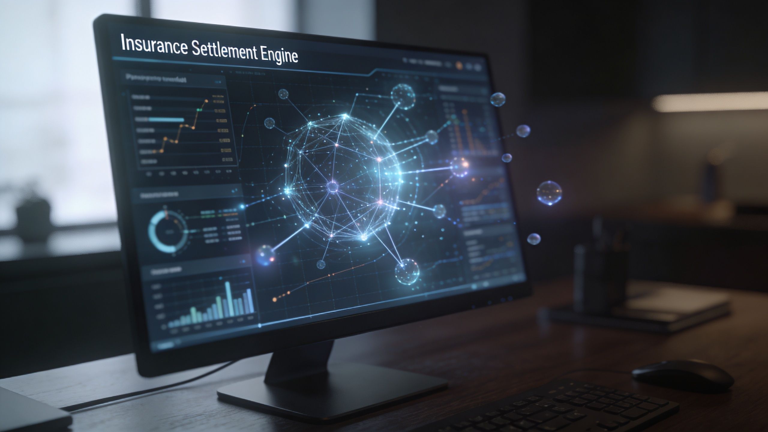 A computer screen displaying a digital Insurance Settlement Engine dashboard with data visualizations and a glowing network globe.
