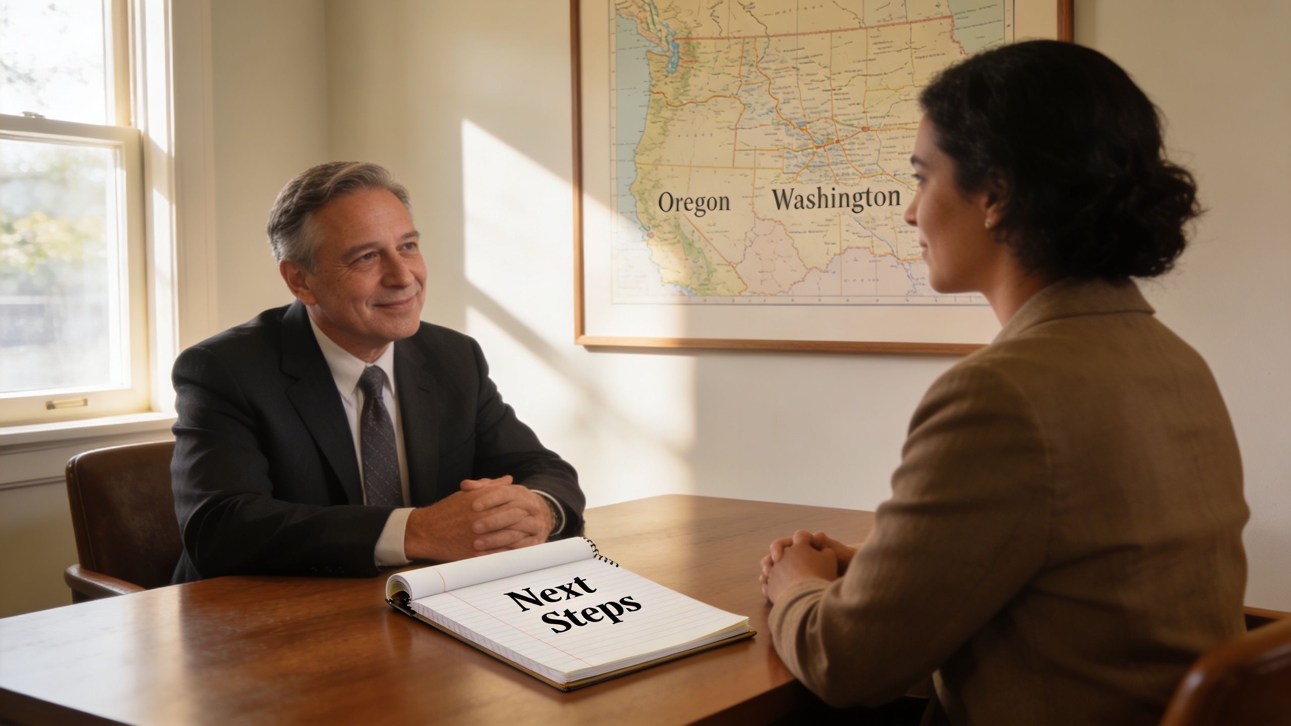 A professional man and woman sitting at a desk during a meeting with a Next Steps notebook.
