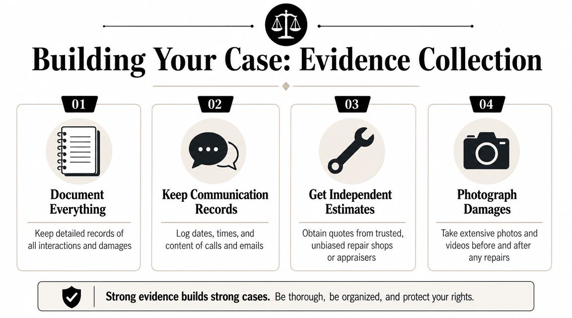 An infographic titled Building Your Case outlining four key steps for effective insurance claim evidence collection.