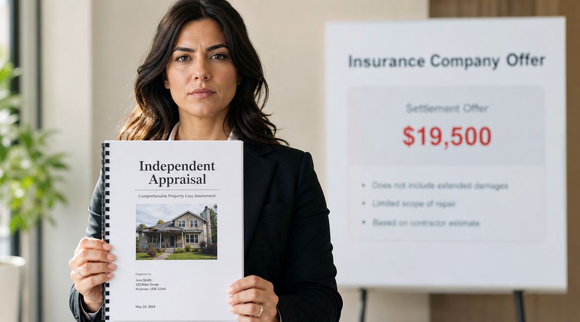 A professional woman holds an independent appraisal document in front of an insurance company settlement offer sign.