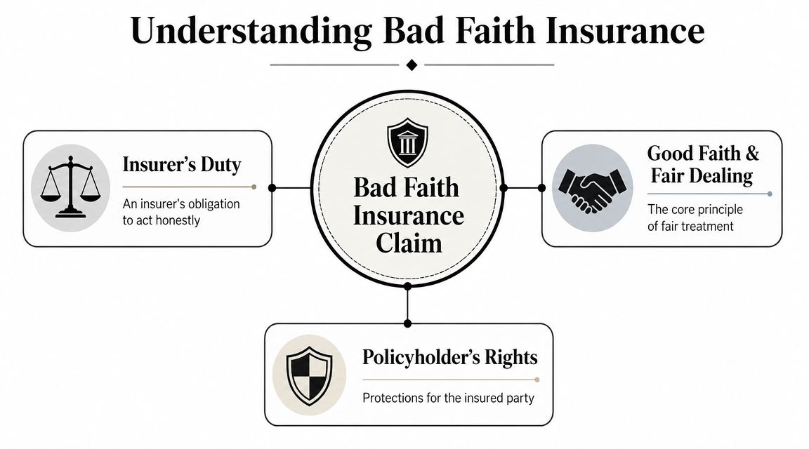 A diagram illustrating the concepts of insurer's duty, good faith, and policyholder rights regarding bad faith insurance claims.