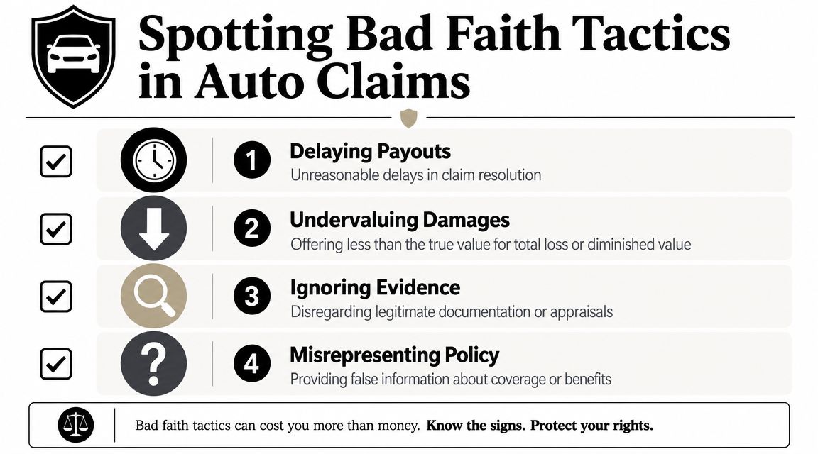 An infographic listing four common bad faith tactics used by insurance companies in auto claims.