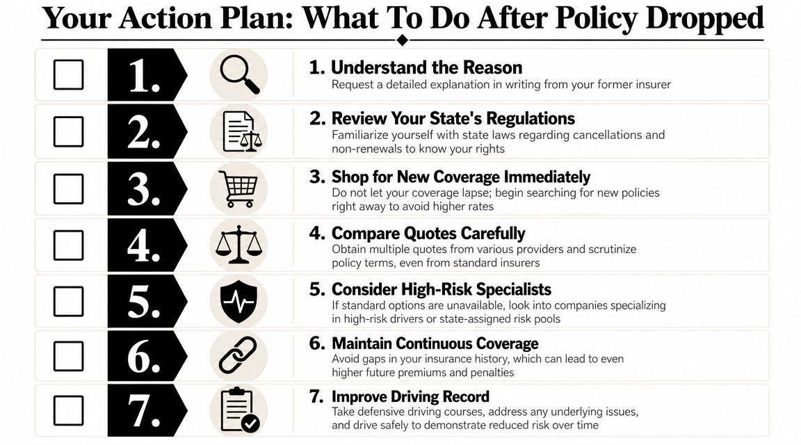 A seven-step action plan checklist for what to do after an insurance policy is dropped.