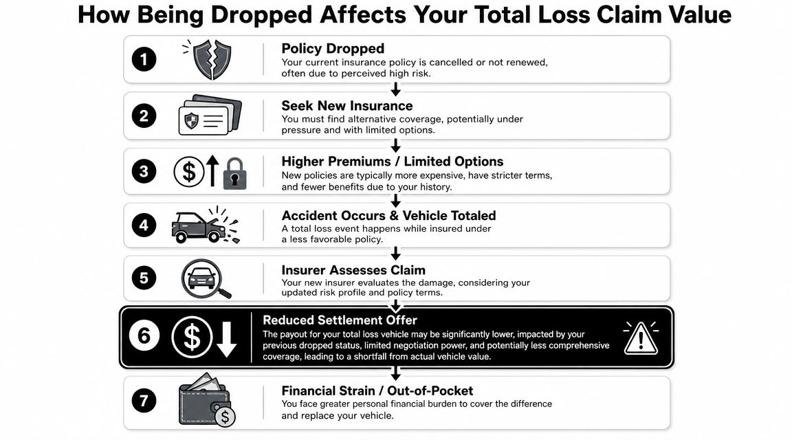 A seven-step flowchart illustrating how being dropped by an insurance provider leads to reduced total loss settlements.