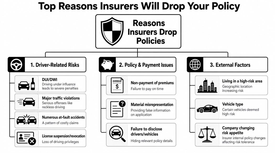 An infographic titled Top Reasons Insurers Will Drop Your Policy categorized into driver risks, payment issues, and external factors.
