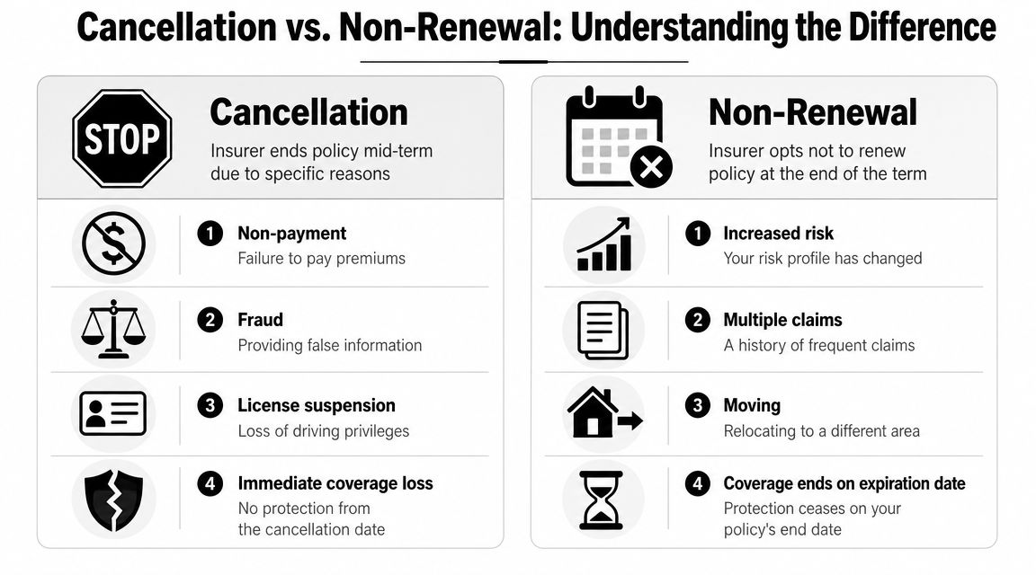 A comparison chart explaining the differences between insurance policy cancellation and non-renewal with key reasons.