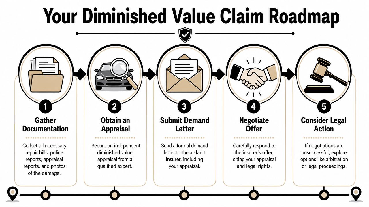 A five-step roadmap infographic explaining how to file a diminished value claim after a car accident.
