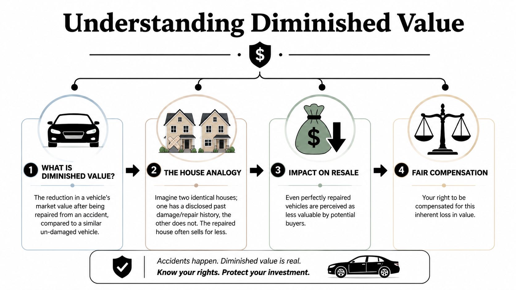 An infographic explaining diminished value for cars after an accident and how it affects resale price.