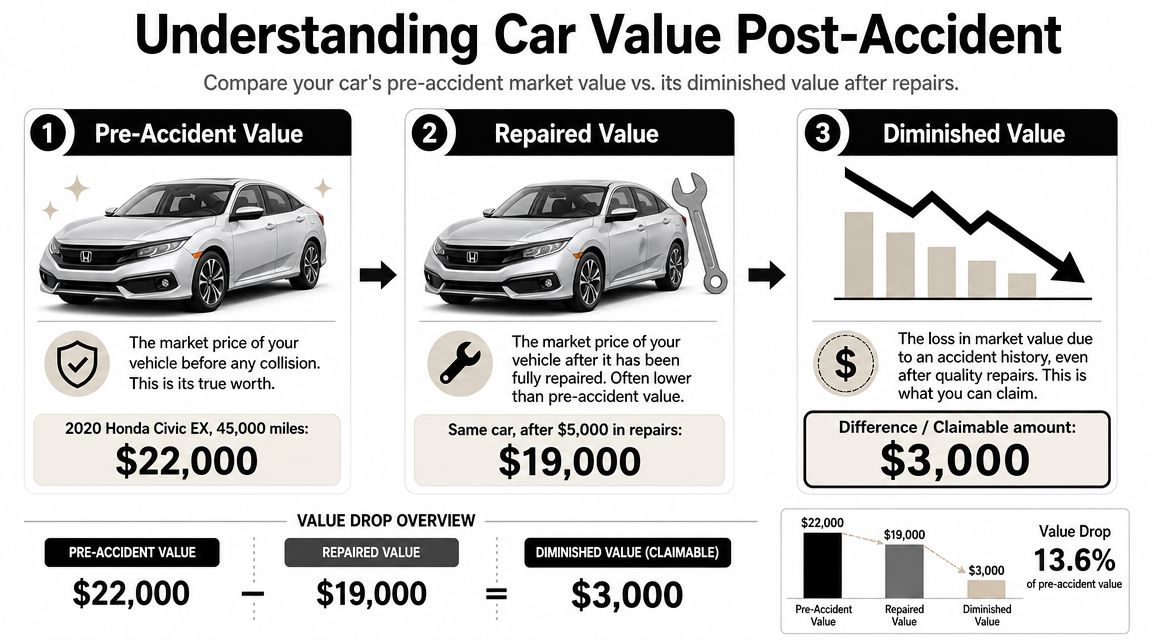 A diagram explaining how a car accident reduces vehicle value, demonstrating pre-accident versus repaired market value.
