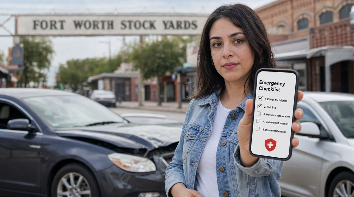 A woman holding a smartphone displaying an emergency checklist in front of damaged cars at Fort Worth Stockyards.