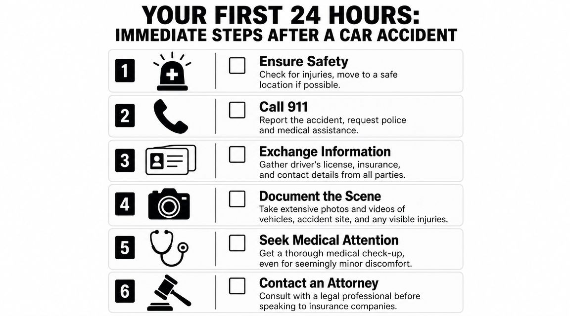A checklist infographic outlining the six essential steps to take immediately following a motor vehicle accident.