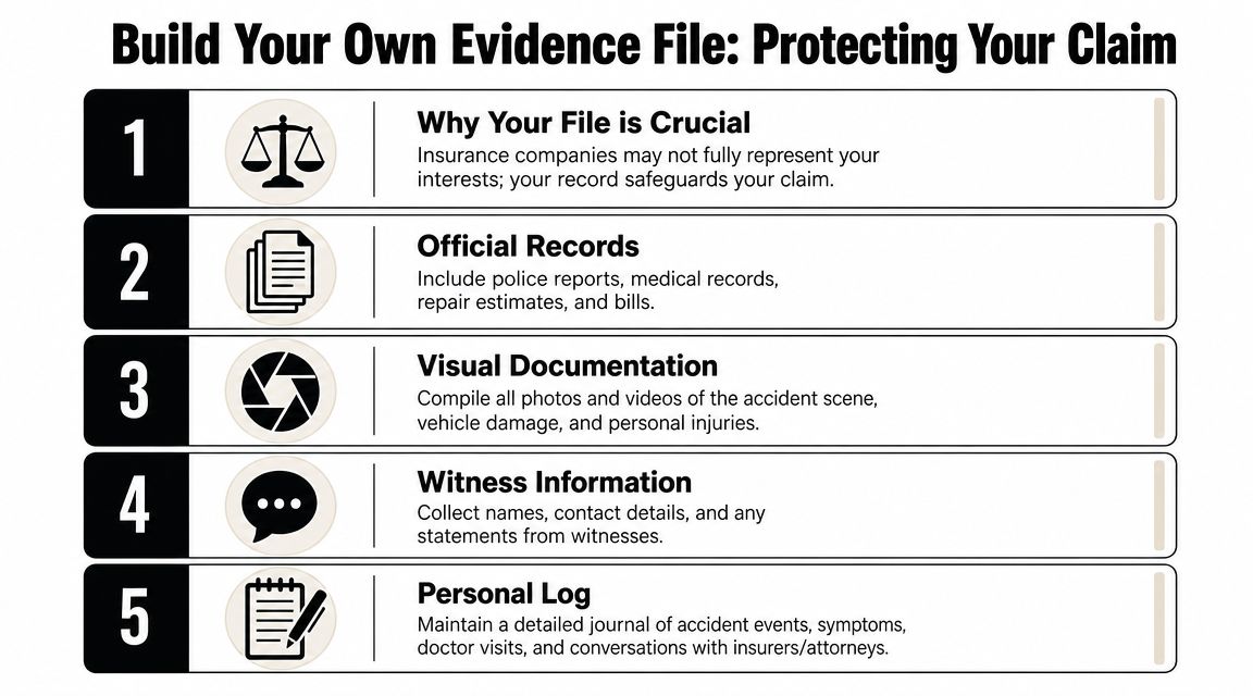 A five-step guide on how to build an evidence file to protect your car accident claim.