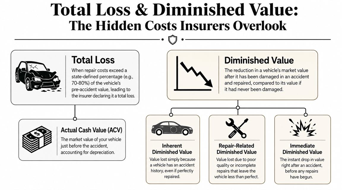 An infographic explaining car insurance concepts including total loss, actual cash value, and various types of diminished value.
