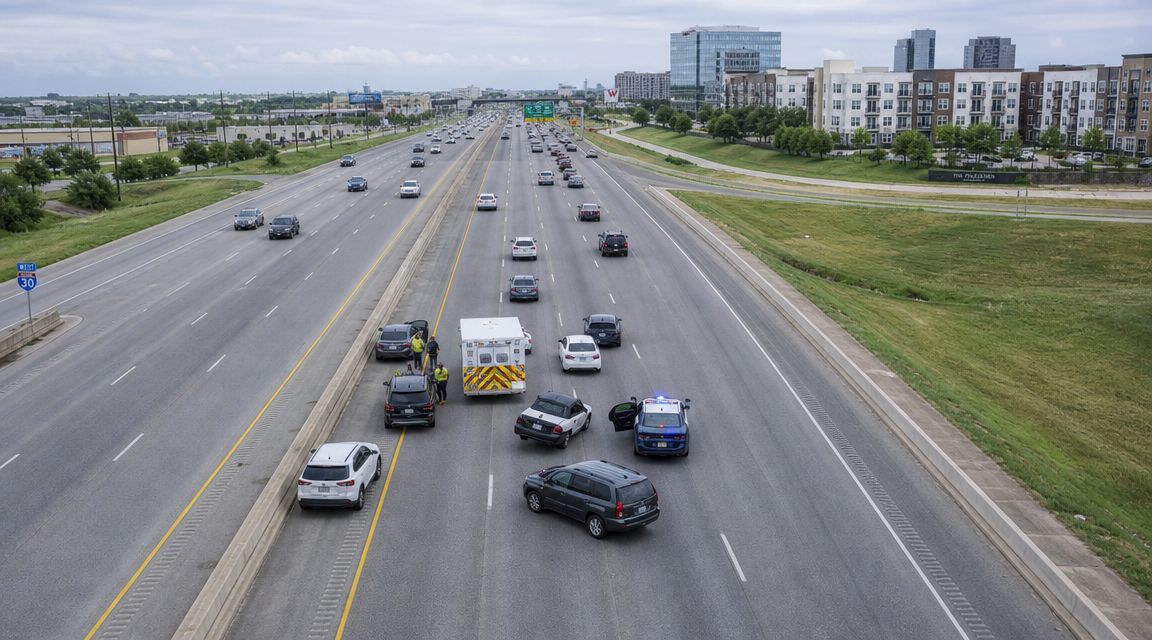 A high-angle view of a multi-vehicle car accident on a highway in Fort Worth with emergency responders.