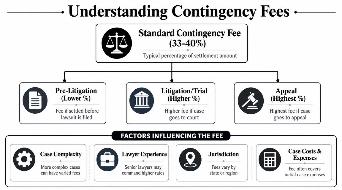 A flowchart explaining how contingency fees are structured based on case stages and various influencing factors.