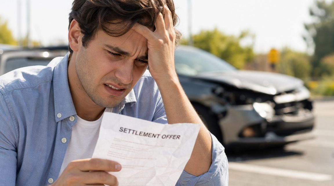 A distressed man holds a settlement offer document in front of a badly damaged car after an accident.