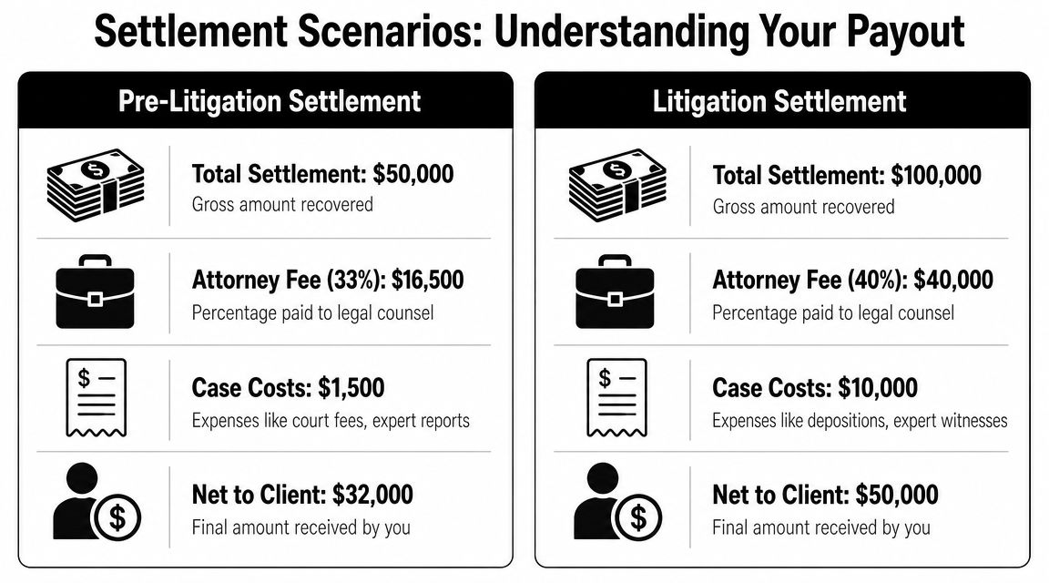 A comparison chart showing how legal fees and expenses affect settlement payouts in pre-litigation and litigation cases.
