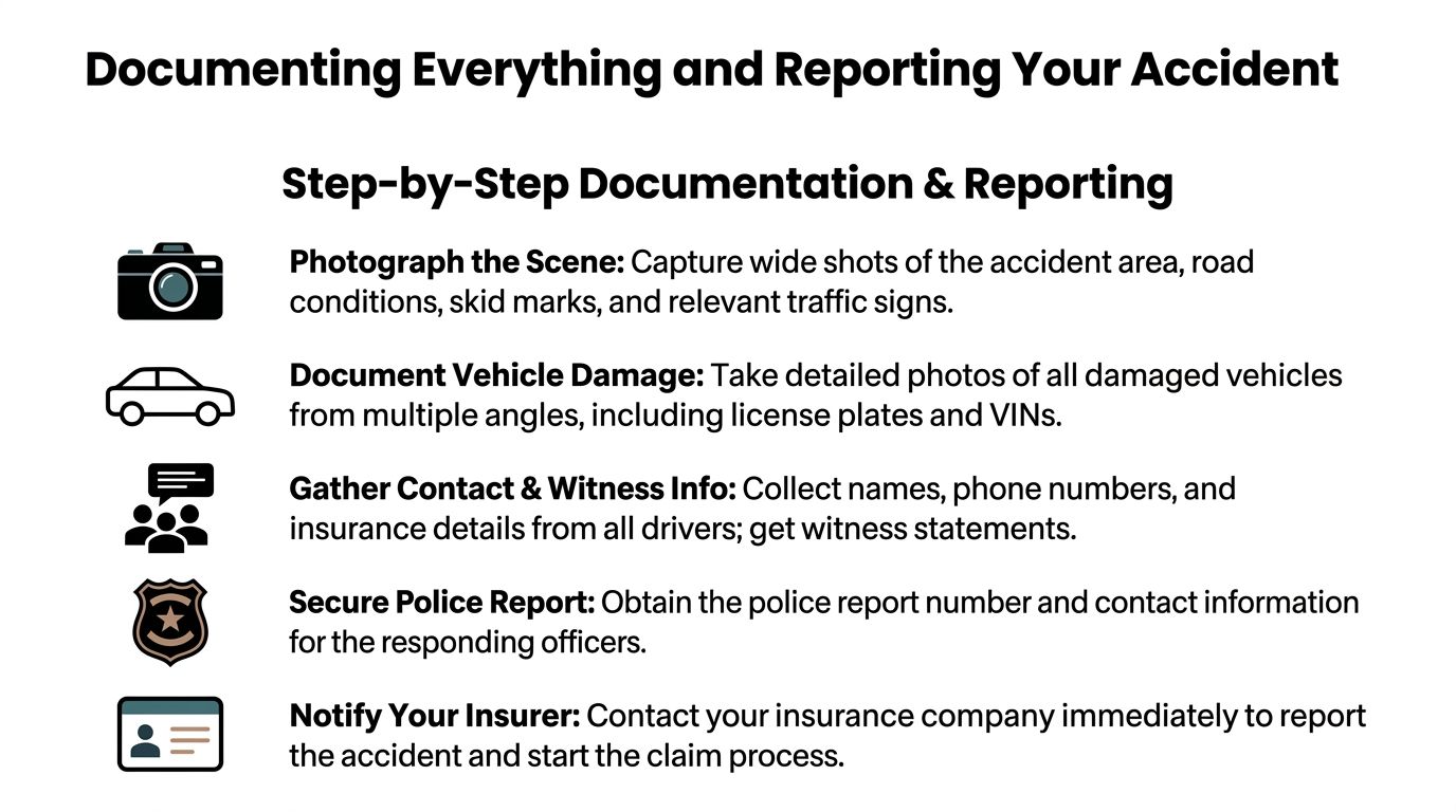 A step-by-step checklist infographic for documenting and reporting a car accident scene, damage, and witnesses.