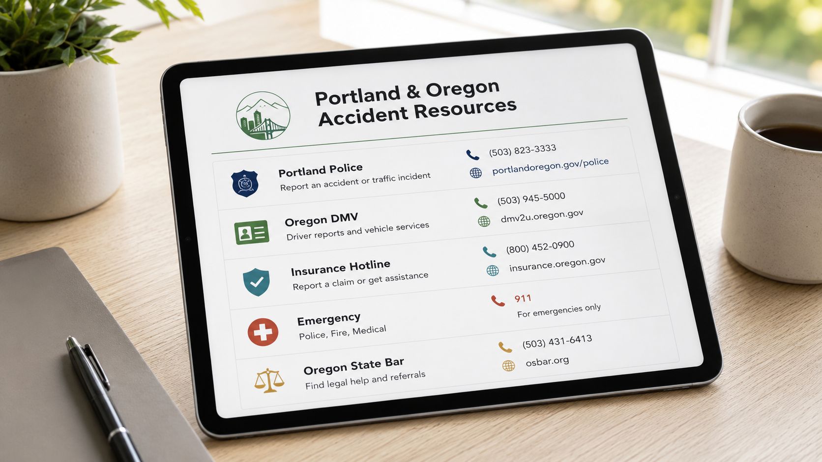 A tablet screen displaying important emergency contact resources for car accidents and incidents in Portland, Oregon.