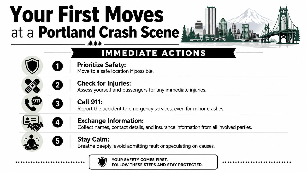 An infographic titled Your First Moves at a Portland Crash Scene listing five safety steps for drivers.