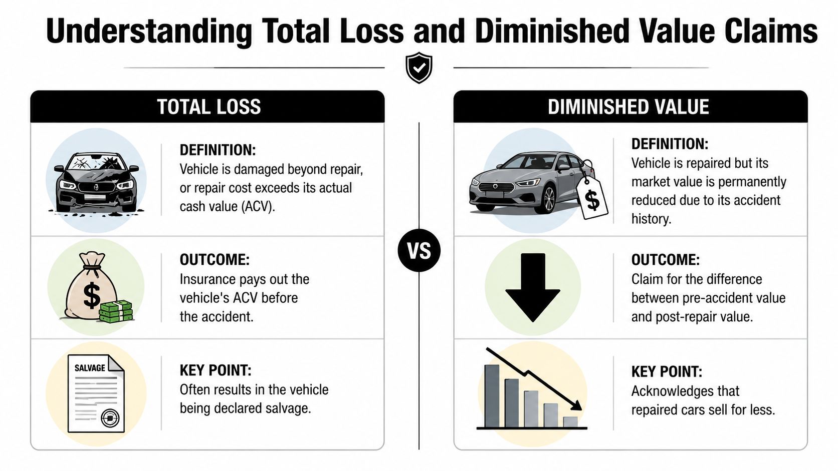A comparison infographic explaining the differences between a total loss vehicle claim and a diminished value claim.