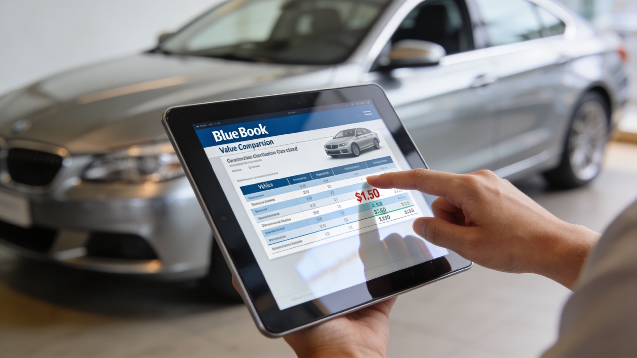 A person using a tablet to review a car value comparison chart in a vehicle showroom.