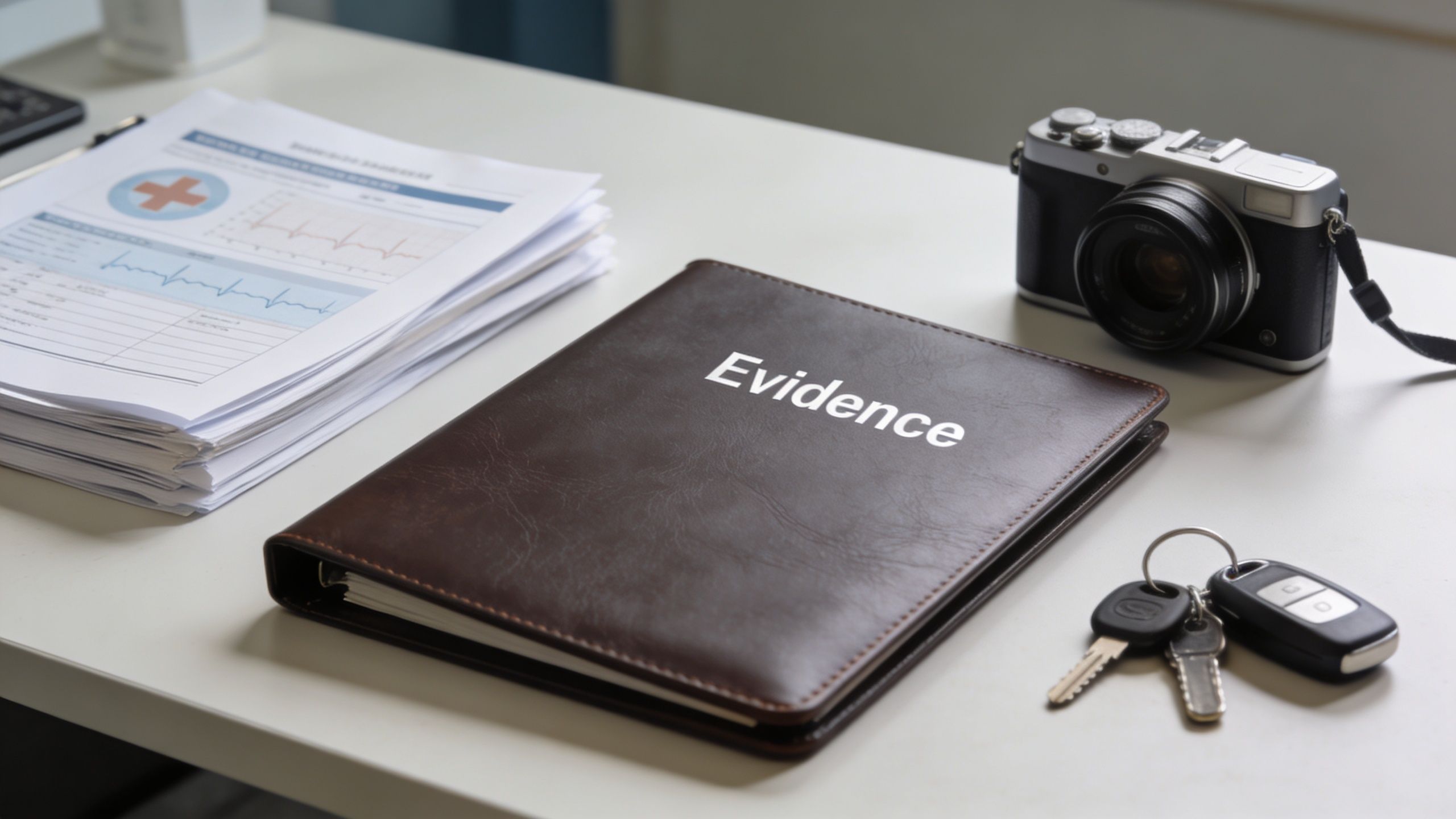 A leather binder labeled Evidence on a desk with medical records, a camera, and car keys.