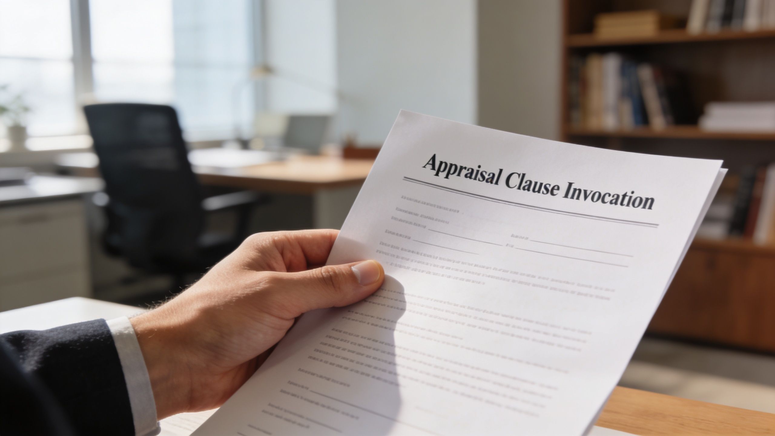 A professional holding a document titled Appraisal Clause Invocation in a well-lit office setting.