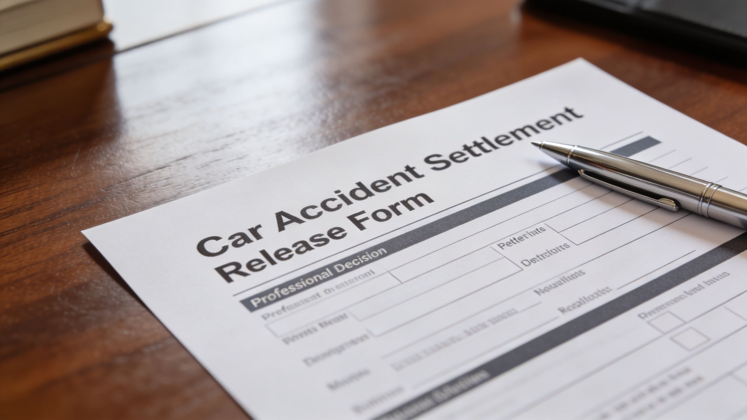 A close-up view of a car accident settlement release form lying on a wooden office desk.