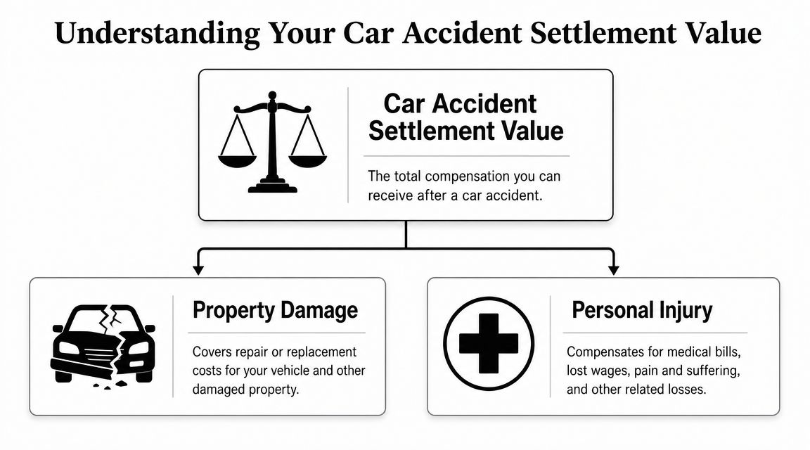A flowchart explaining that car accident settlement value is composed of property damage and personal injury compensation.